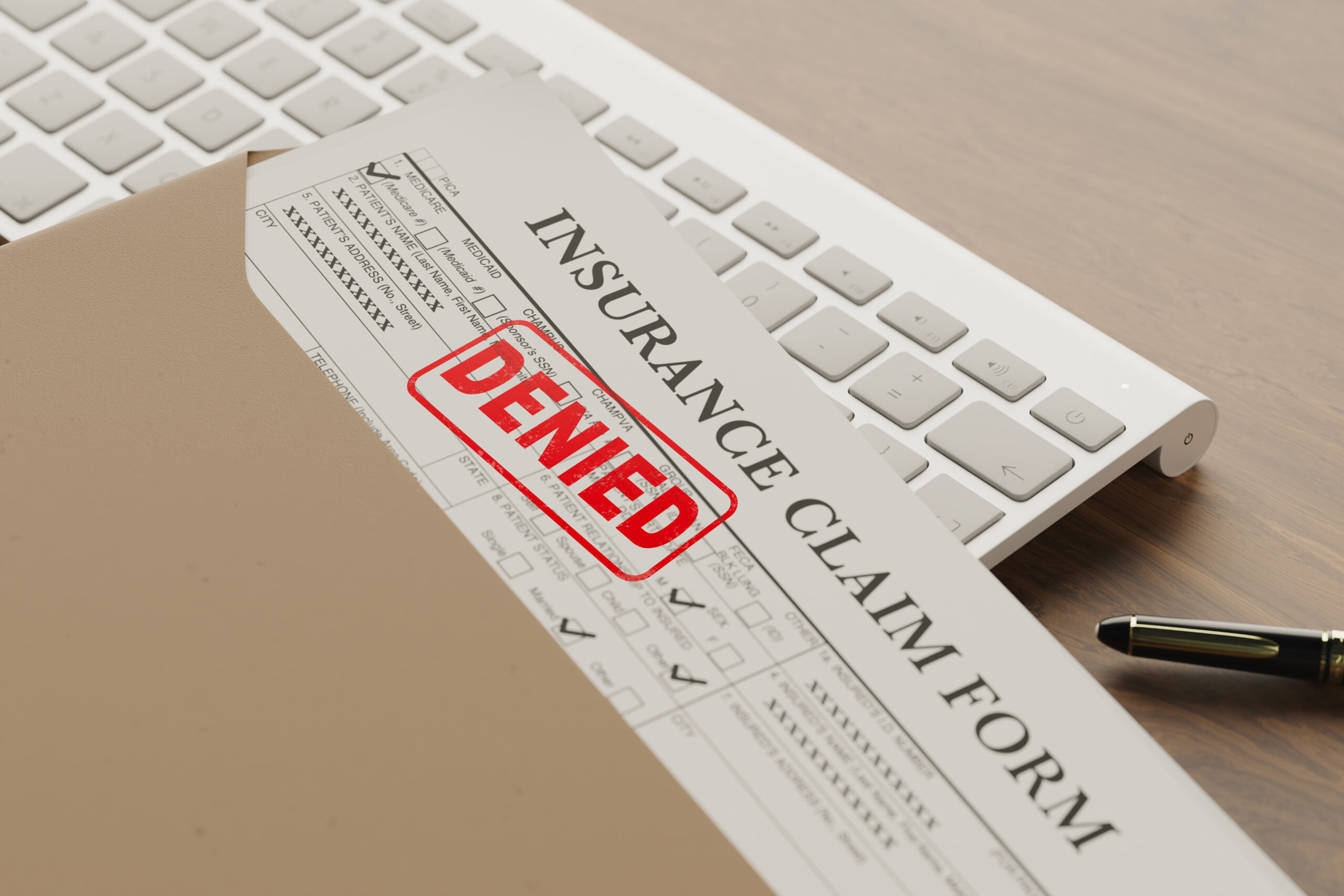 Denied PIP insurance claim form representing reimbursement challenges faced by Cambridge providers